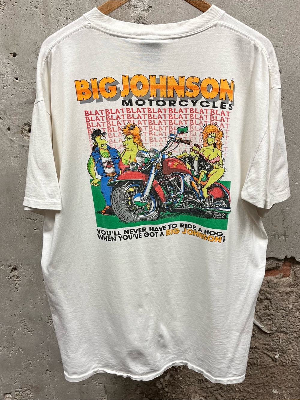 Vintage 90s Big Johnson Ride A Hog Double Sided Biker Tee Distressed USA Made XL